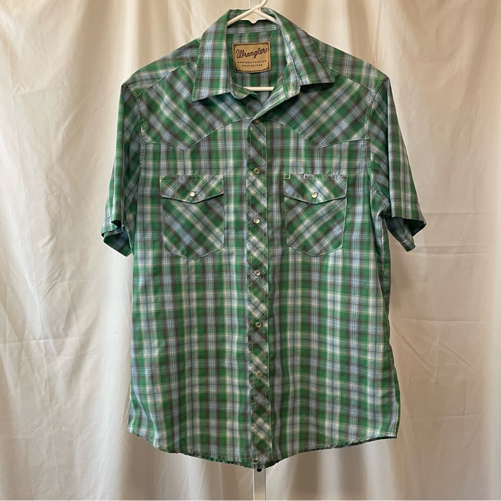 WRANGLER Green Plaid Pearl Snap Button Down Western Short Sleeve Shirt Size M